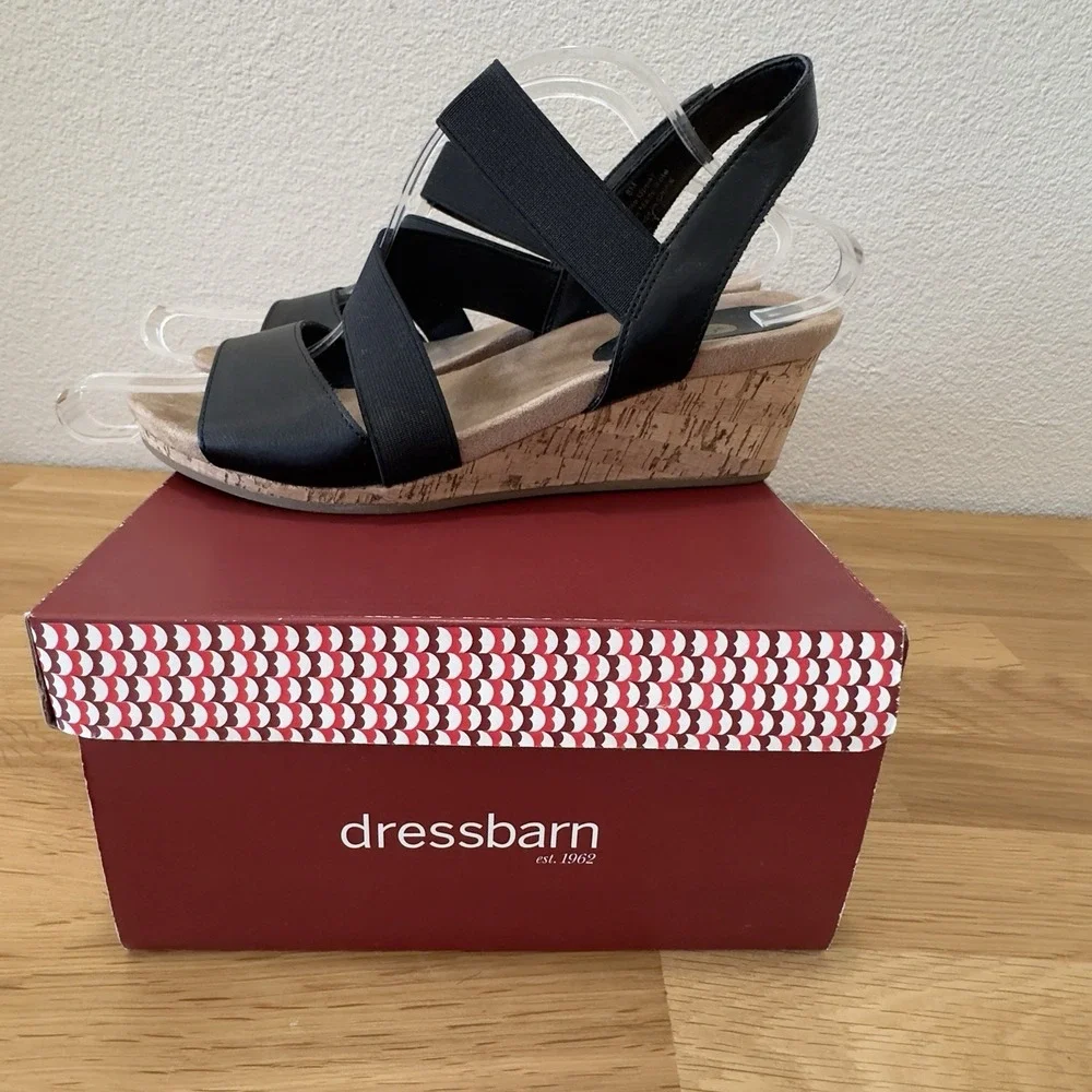 Dress‎ Barn Cork Wedge Heels Espadrilles Black TINA Womens Size 8 Worn1 Sandals